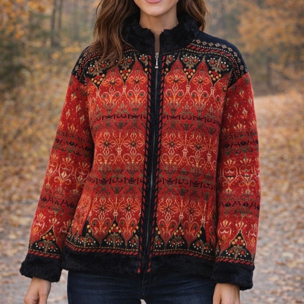 VTG Icelandic Design Wool Embroidered Fair Isle Nordic Full Zip Knit Jacket LG